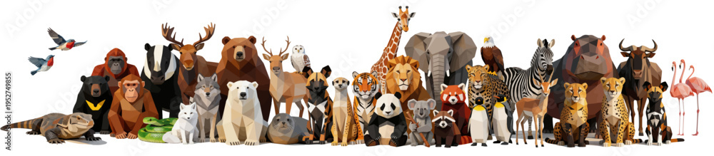 Naklejka premium Wild Zoo Animals . A group of cartoon design graphics unique banner. Various endangered and rare wild animals gather together. Suitable for animal protection and environmental protection