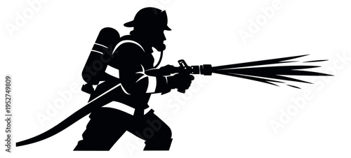 Silhouette illustration of a firefighter depicting spraying water from a hose for emergency services