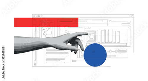 Modern-retro collage of a monochrome spool of thread and scissors placed beside a dreamcatcher hoop, large deep blue semicircle backdrop and red accent shapes,