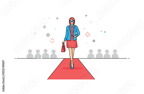 Fashion gala runway walk represented by a confident pose on a red strip with minimal audience silhouettes and gentle flash effects, capturing style and high