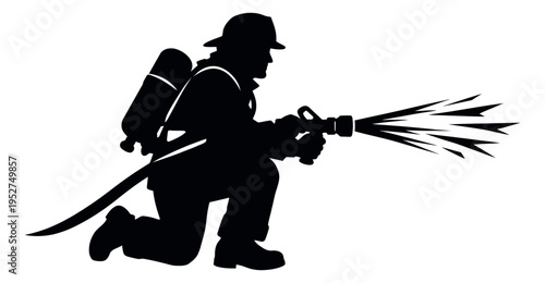 Silhouette illustration of a firefighter depicting spraying water from a hose for emergency services and fire safety