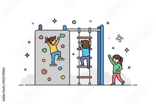 Children exploring a playground climbing wall and rope ladder, emphasizing adventure, confidence, and safe physical activity. Minimalist flat vector