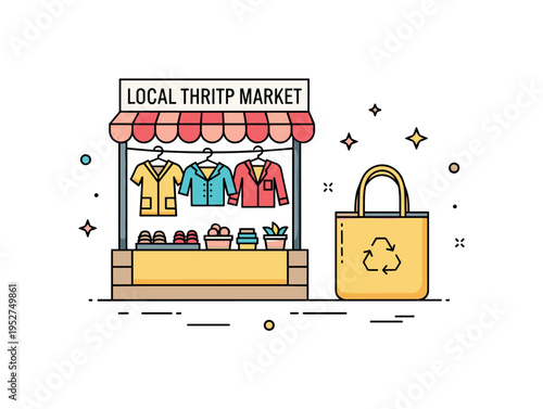 Local thrift market scene featuring a small booth with hanging clothes and a reusable tote bag icon representing community based sustainable commerce. The