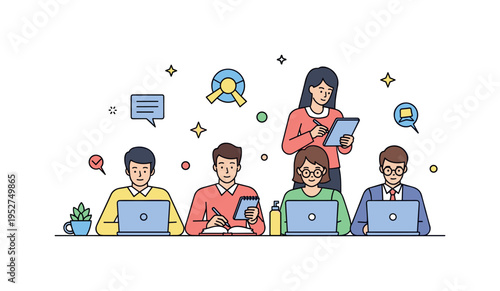 Team of professionals collaborating online while working on laptops, taking notes and checking devices, highlighting efficiency, coordination, and multitasking