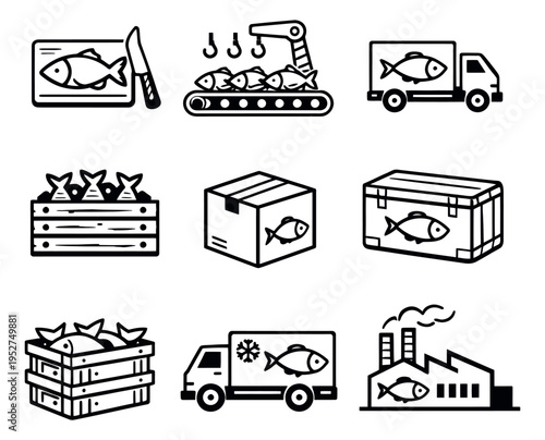 Line art fish processing industry icons set featuring various stages of preparation, packaging, and logistics for seafood business