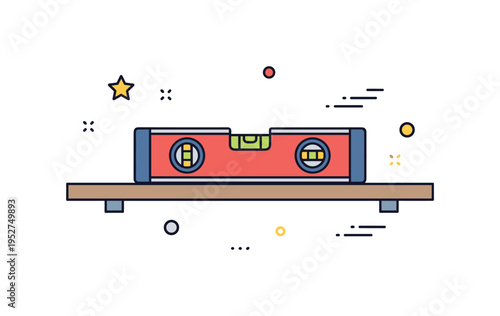 Floating shelf leveling moment illustrated by a bubble level tool resting on a straight shelf line, symbolizing balance and careful craftsmanship. The badge