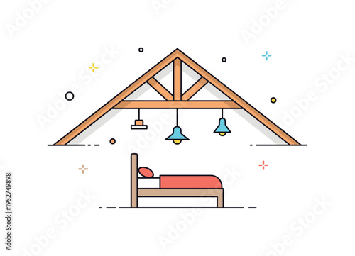 Renovated attic with exposed beams illustrated by angled rafters above a simple bed silhouette, symbolizing creative reuse of space and intimate atmosphere.