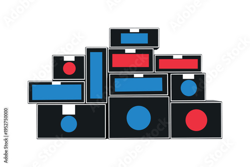 Black and white stack of supply boxes arranged in structured composition, bold geometric rectangles and circles integrated as symbolic inventory markers, flat