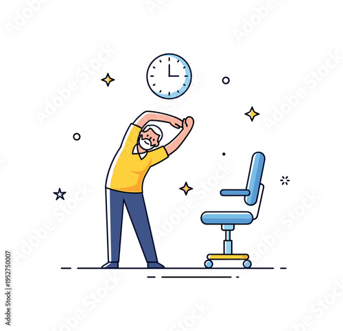 Active senior professional lifestyle featuring a middle aged employee stretching lightly beside an office chair with a subtle clock icon above, symbolizing