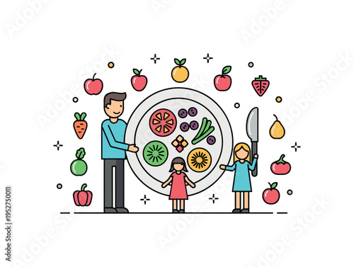 Family nutrition advice scene featuring a shared meal plate surrounded by small fruit and vegetable icons. The composition communicates community health,