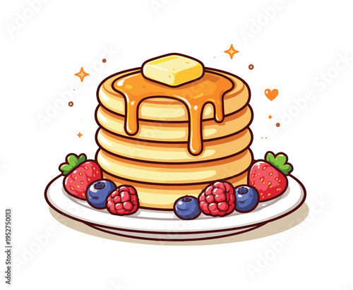 Stack of pancakes with maple syrup a tall warm pancake stack topped with melting butter while maple syrup slowly flows down the sides and bright berries rest