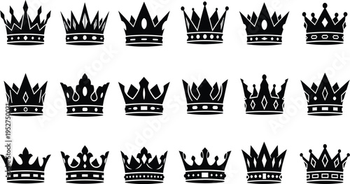 Collection of 20 unique black crowns on white background