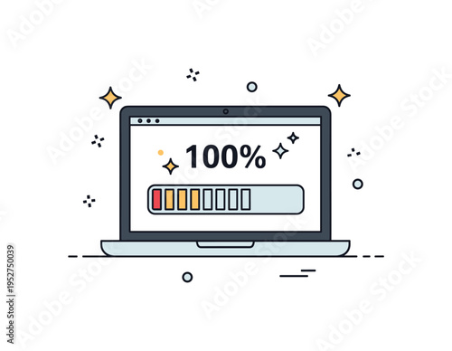 Project completion milestone illustrated by a laptop screen displaying a progress bar at one hundred percent with subtle sparkle accents, symbolizing success