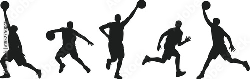 Collection of professional basketball player silhouettes in action poses including dunking dribbling and jumping isolated on white background for sports and fitness design