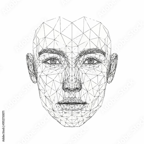 Wireframe human face representing digital identity and biometric technology.