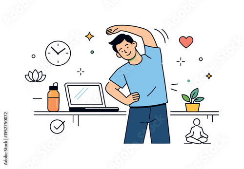 Healthy home office routine. A person stretching beside a laptop desk with water bottle and small plant, balancing work and wellbeing during remote work.