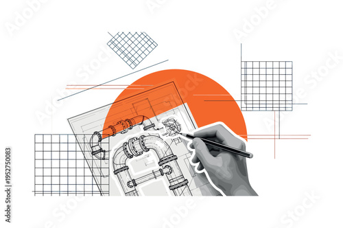 Minimalist modern graphic collage of black-and-white urban buildings reflected in stylized blue semicircles, bold red elevated walkway cutting across