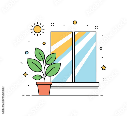 Sun loving houseplant placement theme illustrated by a leafy plant positioned beside a wide window with diagonal light rays, symbolizing optimal growth