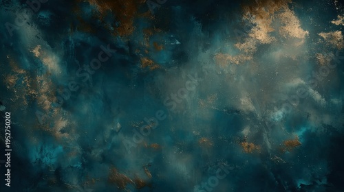 Textured wall background in a dark grunge style with teal and brown accents, featuring a luxury Venetian putty effect in blue and gold for an opulent look.