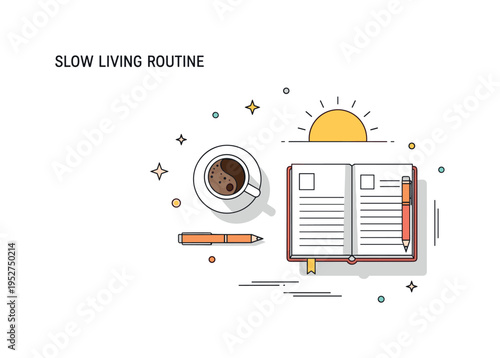 Calm morning routine scene centered on a simple coffee cup, open notebook, and soft sunlight line accent, conveying slow living and intentional habits. The