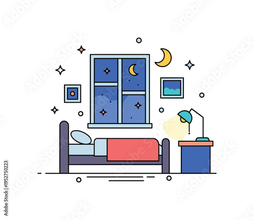 Evening relaxation space illustrated by a bed beside a window with subtle moon accent and dim bedside lamp, symbolizing quiet nighttime retreat. The
