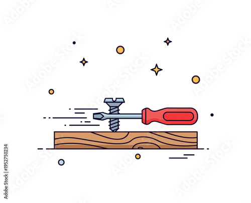 Home maintenance fix small screwdriver aligned with a screw on a wooden board with subtle motion lines indicating tightening, conveying practical skills and