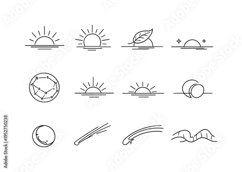 Seasonal and Observable Sky Events. Minimalistic set one-line drawing spring equinox sun, summer solstice sun, autumn equinox leaf and sun, winter solstice