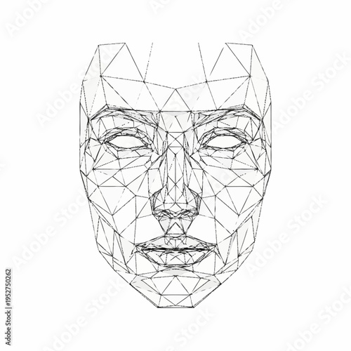 Wireframe human face representing digital identity and technology.