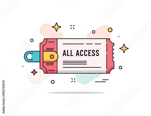 Festival access pass showing a vibrant ticket with wristband loop detail and ?All Access? caption. Minimal star accents and subtle glow shapes create a dynamic