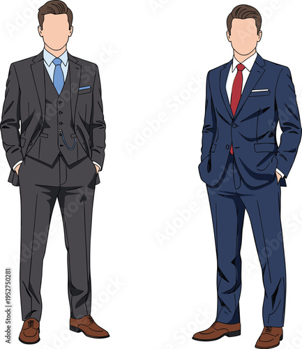 Vector illustration of two successful businessmen in formal navy blue suits and ties standing confidently with hands in pockets (20 words)