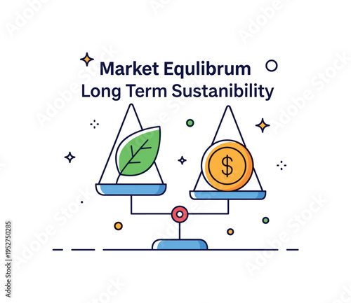 Market equilibrium long term sustainability badge represented by a leaf and coin placed evenly on a balanced scale. The scene reflects harmony between profit