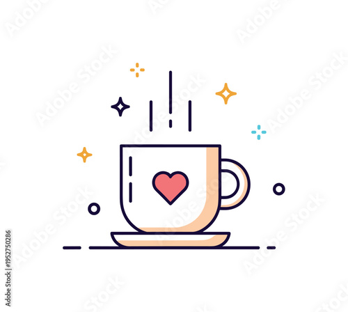 Cozy coffee break concept illustrated through a mug placed on a small saucer with a tiny heart icon on the cup, expressing warmth and relaxation during a quiet
