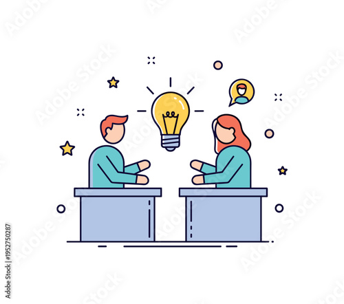 Tutoring and mentorship support illustrated by two minimal figures facing each other across a small desk with a lightbulb icon between them, expressing