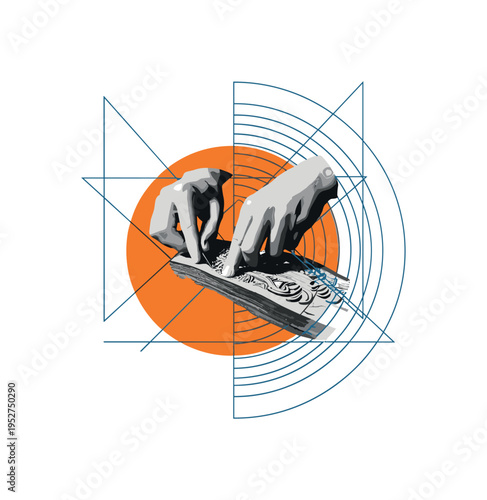 Black and white hands carving intricate details into a piece of wood, bright orange circular halo behind and blue concentric arcs expanding outward, thin