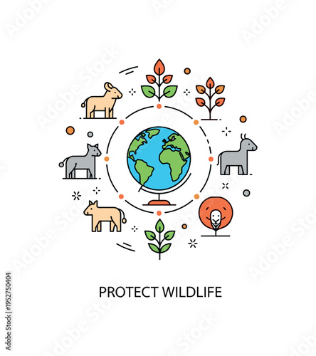Earth protection biodiversity awareness scene with a small globe surrounded by minimal animal and plant icons arranged in a balanced circle, expressing harmony