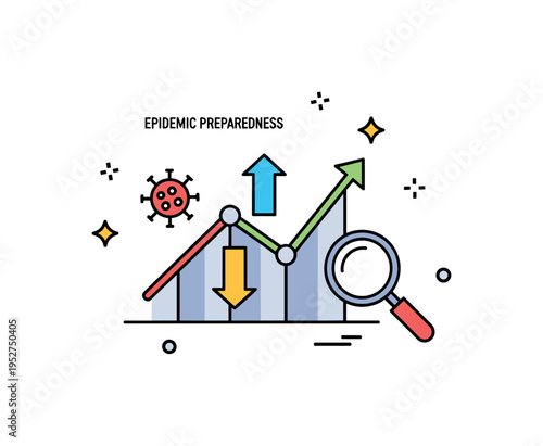 Epidemic preparedness data monitoring system concept illustrated by a simple chart with upward and downward lines combined with a small virus symbol and