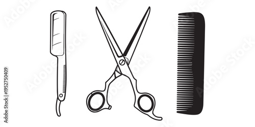 Black and white illustration of hairdressing tools isolated on white background