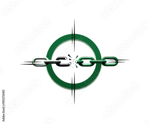 Black and white broken chain transforming into intact chain link, framed by bold green circular ring and intersecting thin black lines symbolizing restored