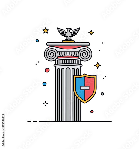 Roman mythology influence stylized column with a small shield and eagle emblem integrated into the design, highlighting imperial imagery and its impact on