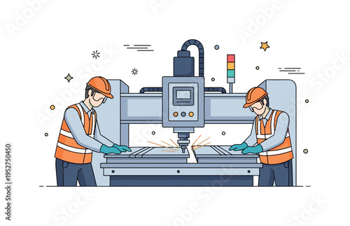 Workers operating a CNC machine cutting aluminum plates with precision, emphasizing modern technology, safety, and industrial craftsmanship. Minimalist flat