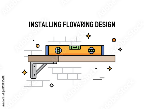 Installing floating shelves illustrated through a clean wall scene with a single mounted shelf and a level tool aligned on top, expressing precision, balance,
