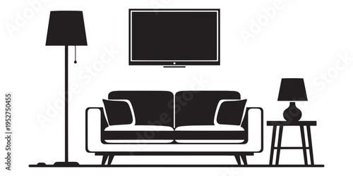 Black and white illustration of living room with sofa, tv, and lamps isolated on white background