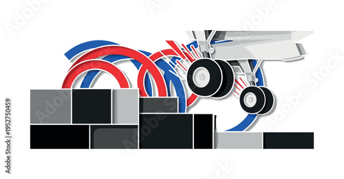 A monochrome close-up of airplane wheels just leaving the ground, abstract circular arcs echoing the motion of rotation, geometric blocks structuring the lower