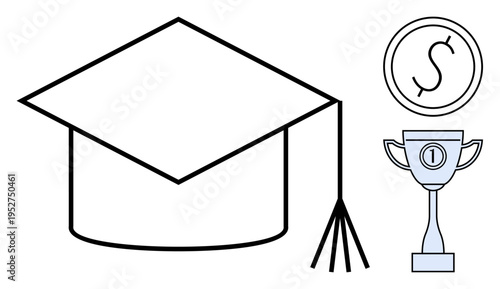 Education concept. Graduation cap, trophy, and dollar coin education, achievement, and financial success. Education inspires growth, career development and meaningful goals. Use for learning