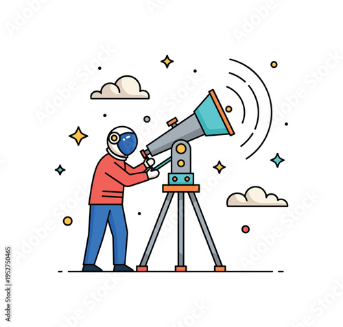 Astronomer adjusting a radio telescope under a starry sky, highlighting dedication, observation, and the pursuit of signals from deep space. Minimalist flat