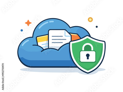 Secure cloud storage a cloud icon protected by a shield while small document files rest safely inside, symbolizing encrypted storage and controlled access to