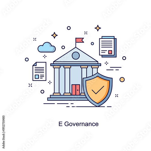 Digital governance secure online public services illustrated by a government building icon combined with a shield and checkmark, expressing transparency,