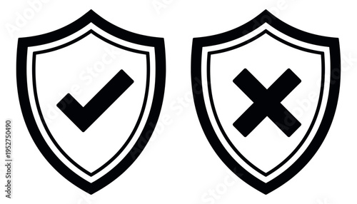 Modern line art shield icons set featuring a checkmark and a cross mark for approval and denial