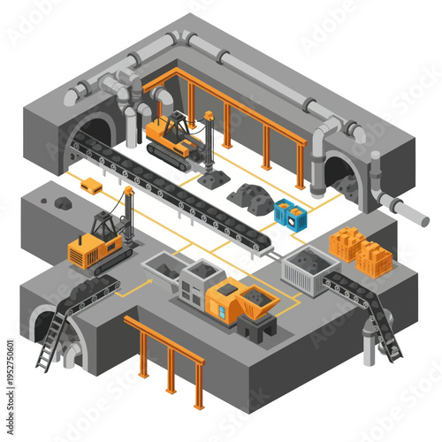 Isometric Mining Operation Illustration - Underground Coal Extraction and Processing.