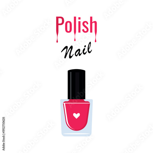 A bottle of red nail polish with text